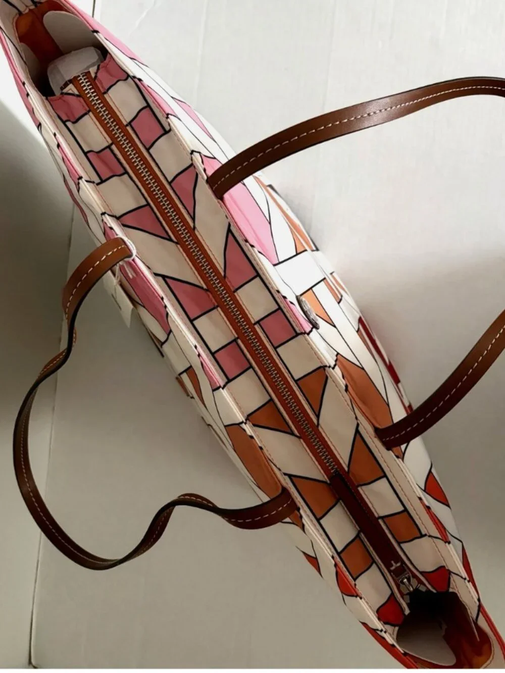 New Tory Burch Nylon Printed Tote Colorblock Pink-Red Basketweave